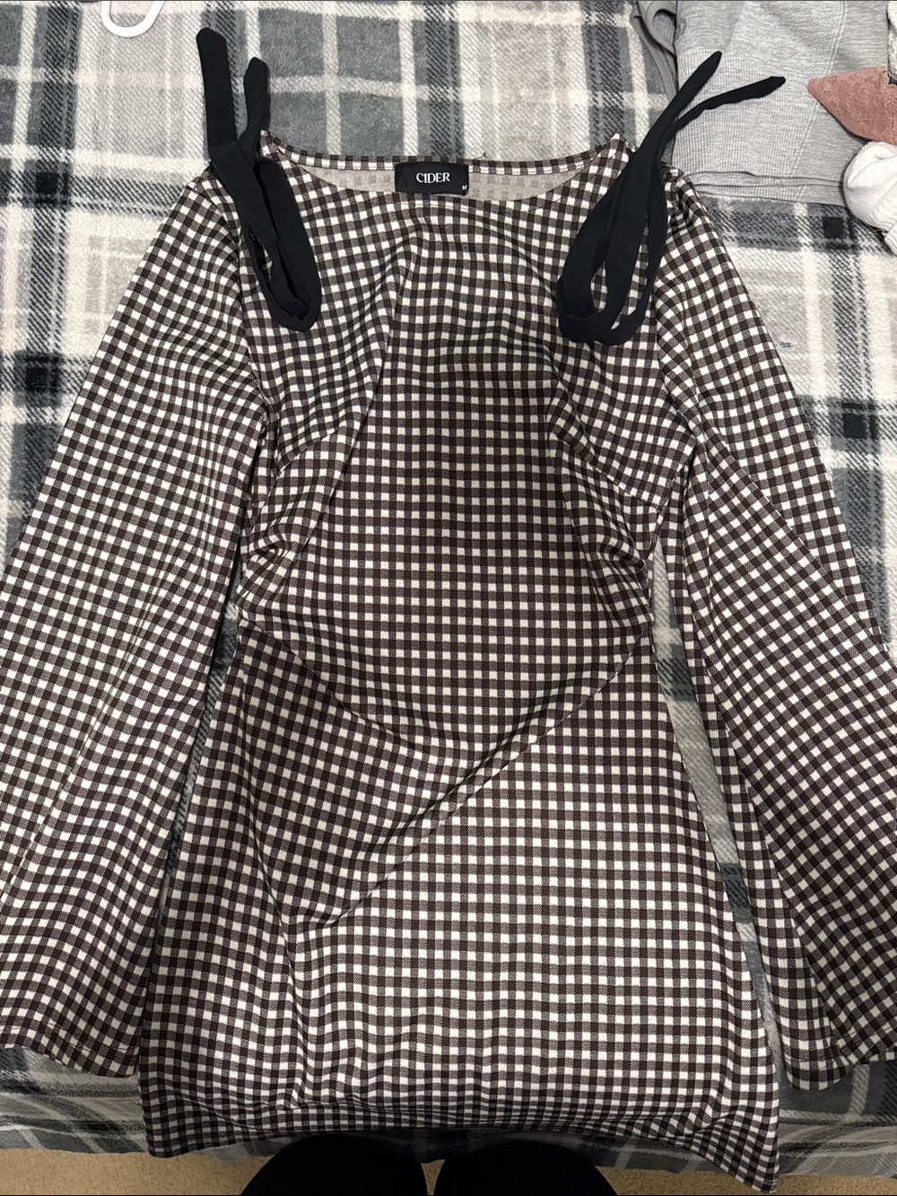 Cider Brown & White Gingham Tie-Shoulder Dress with Black Straps